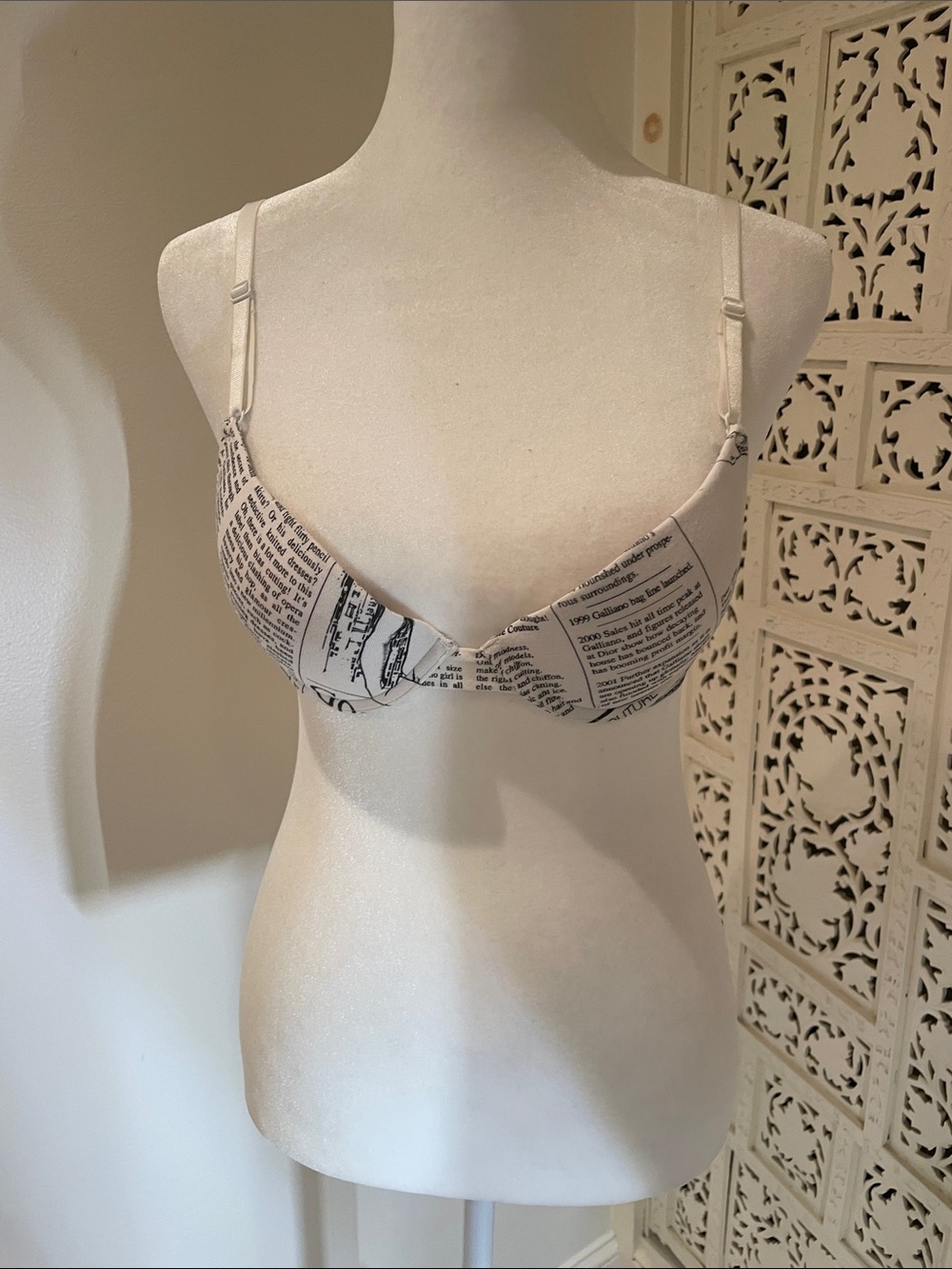 VINTAGE John Galliano White Newspaper-Print Bra with Pink Accent